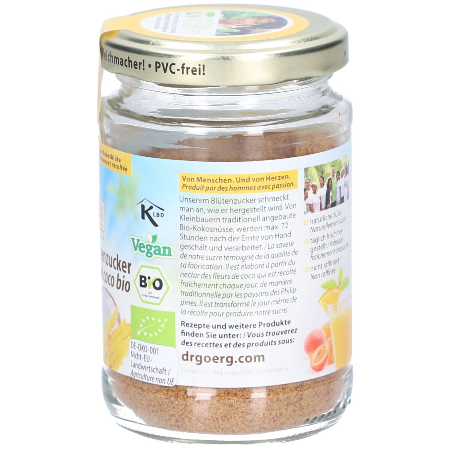 Dos d'un pot de sucre de fleur de coco bio. Informations, label Vegan et label Bio.