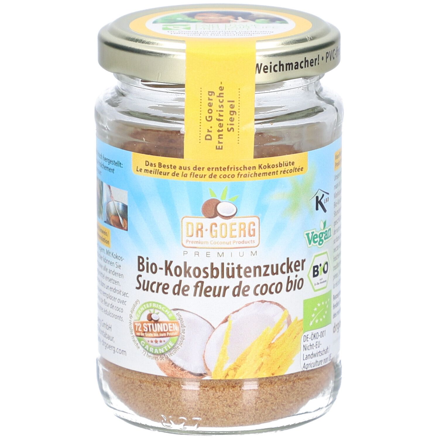 Pot de sucre de fleur de coco bio. Étiquette jaune avec informations. Couvercle avec inscription.