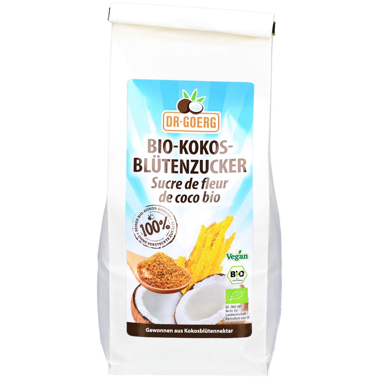 Sac blanc avec étiquette bleue. Inscription: Bio-Kokosblütenzucker. Logo: Dr. Goerg. Certifications: 100% Bio, Vegan.