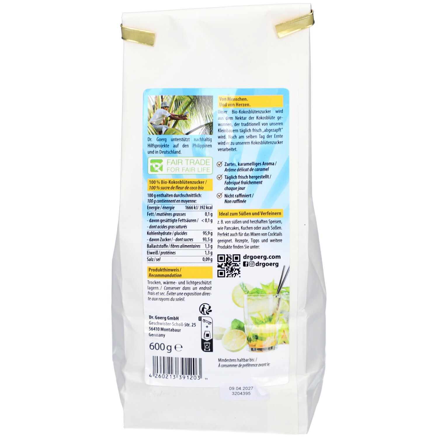 Dos du sac blanc. Texte: informations sur le produit, informations nutritionnelles, code QR. Logo: Dr. Goerg. Poids: 600g.
