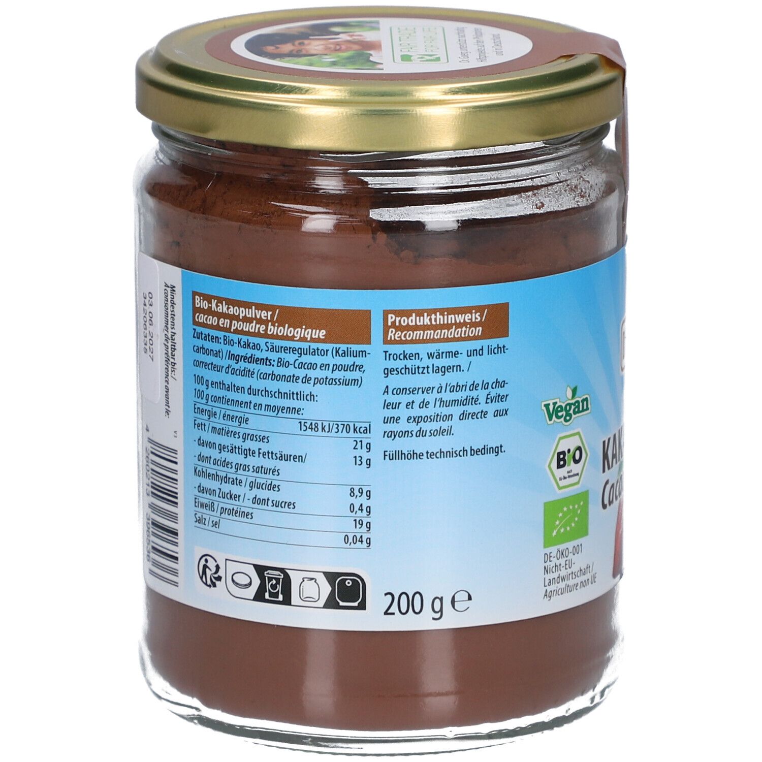 Dos du pot avec poudre brune. Étiquette avec informations nutritionnelles et "200 g". Labels Vegan et Bio.