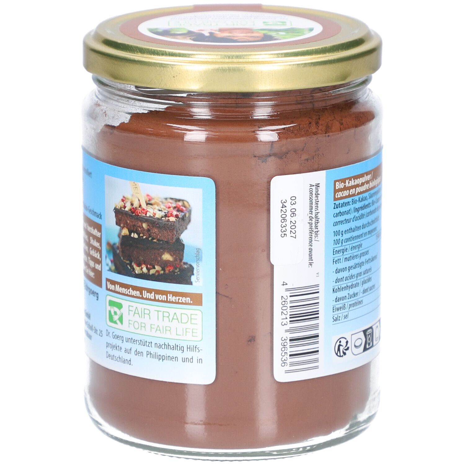 Dos du pot avec poudre brune. Étiquette avec label Fair Trade et informations. Label Bio.