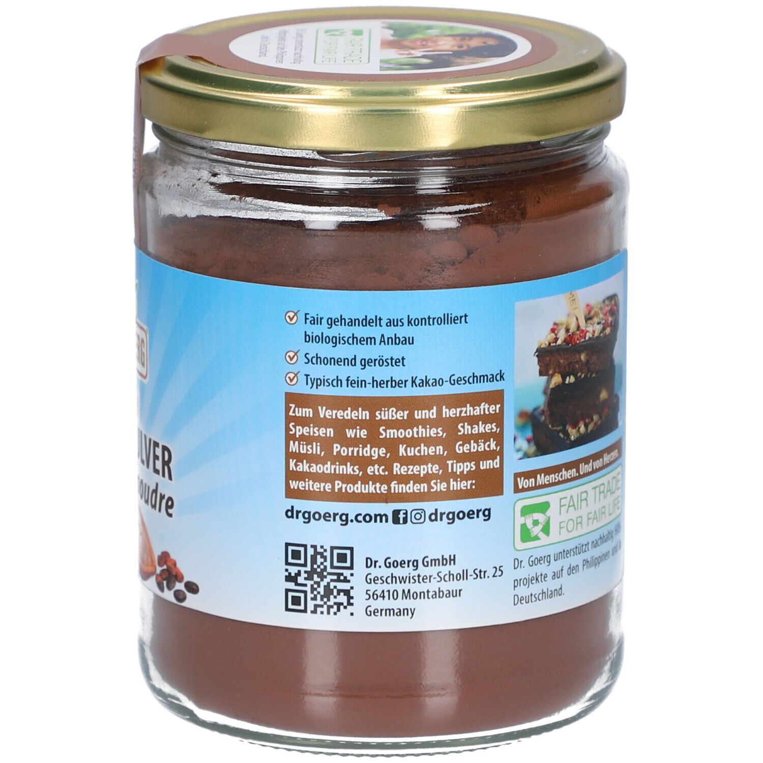 Dos du pot avec poudre brune. Étiquette avec informations et label Fair Trade. Label Bio.
