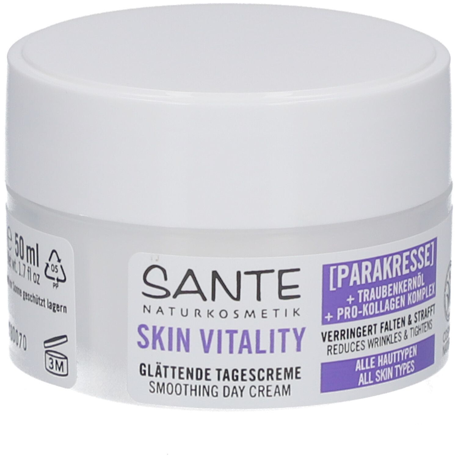 Pot de crème avec couvercle blanc. Inscription : Sante Skin Vitality Crème de jour lissante. Contient de la para-cresson et de l'huile de pépins de raisin.