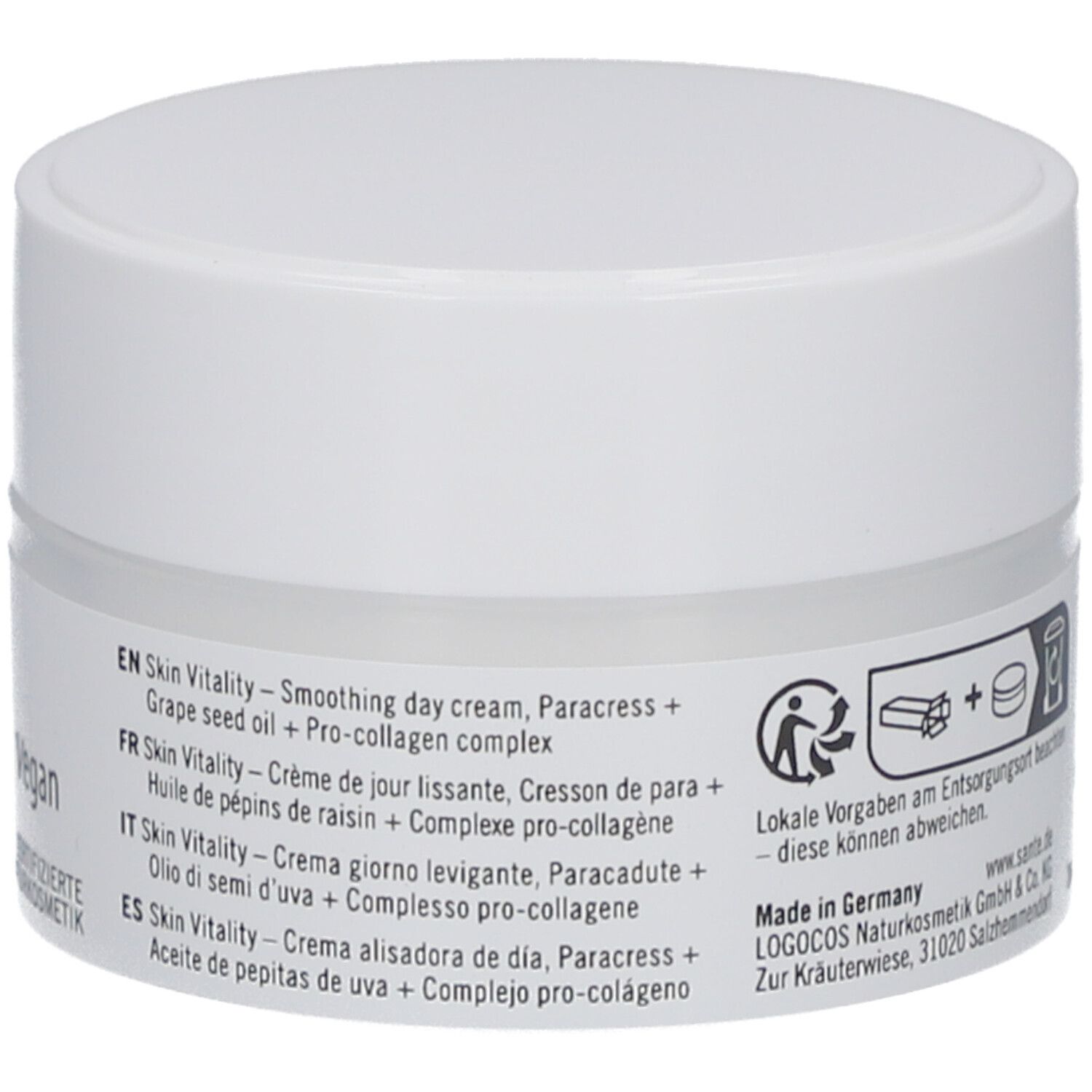 Dos du pot de crème. Description multilingue du produit : Skin Vitality Crème de jour lissante. Informations du fabricant et consignes de recyclage.