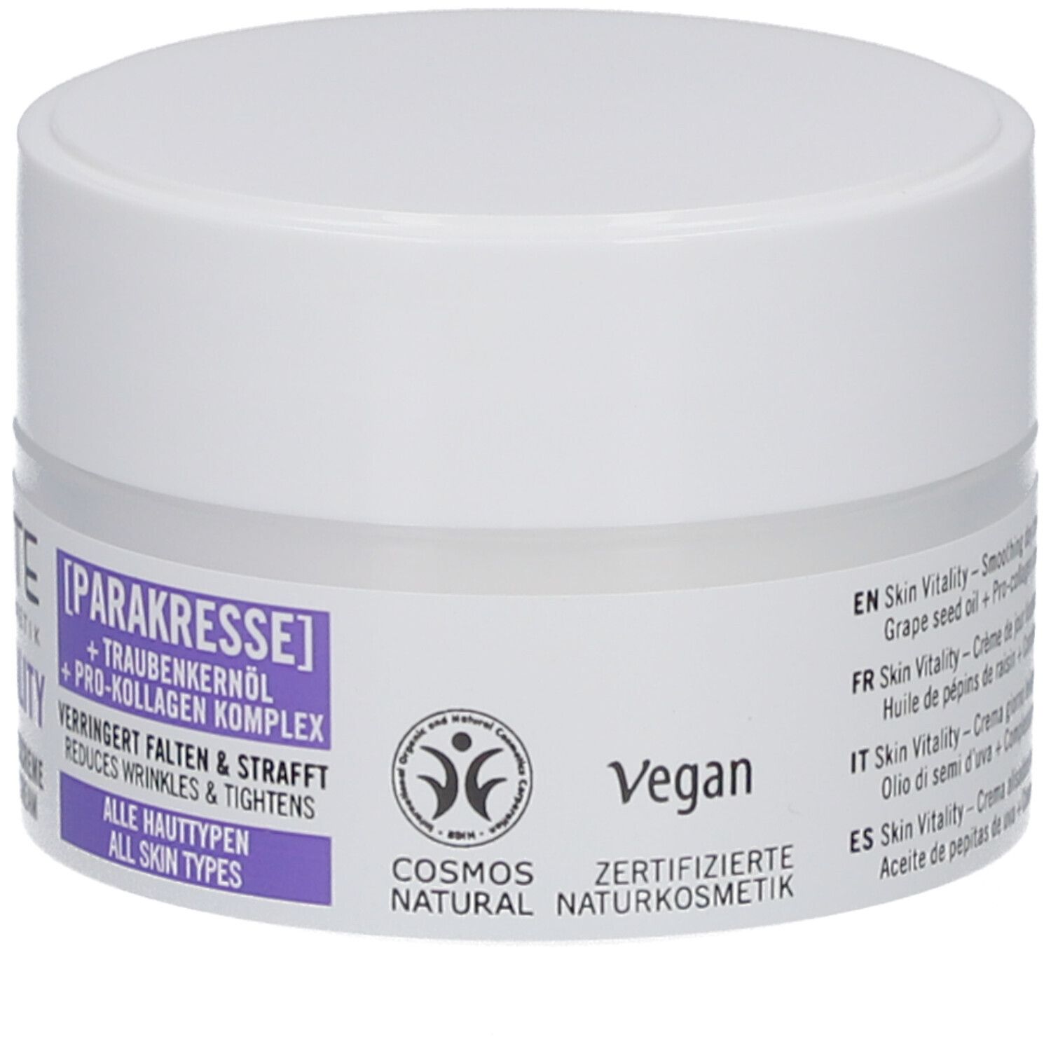 Pot de crème avec couvercle blanc. Inscription : Sante Skin Vitality Crème de jour lissante. Certification Vegan. Label Cosmos Natural.