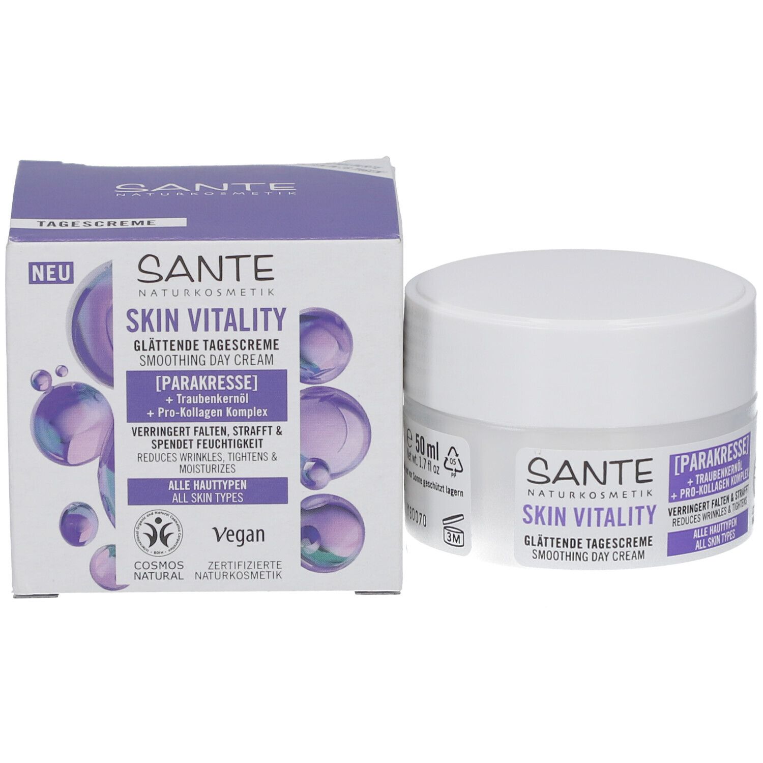 Emballage du produit et pot de crème. Inscription : Sante Skin Vitality Crème de jour lissante. Contient para-cresson et huile de pépins de raisin. Vegan.