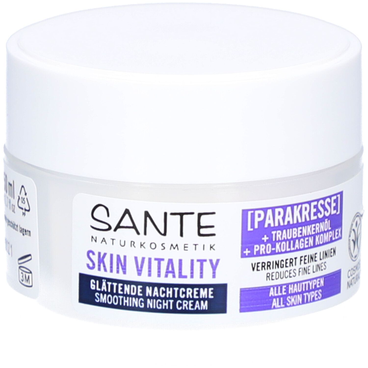Pot de crème blanc. Étiquette avec nom du produit et ingrédients. Certification cosmétique.