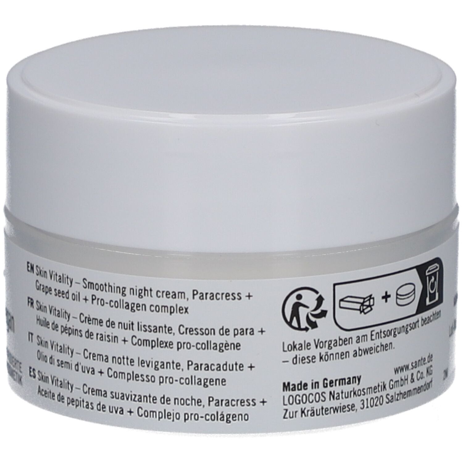 Pot de crème blanc. Informations produit au dos en plusieurs langues. Fabriqué en Allemagne.