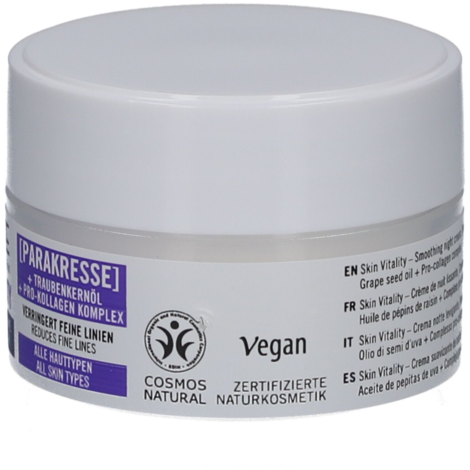 Pot de crème blanc. Étiquette avec nom du produit, ingrédients et certification Vegan.