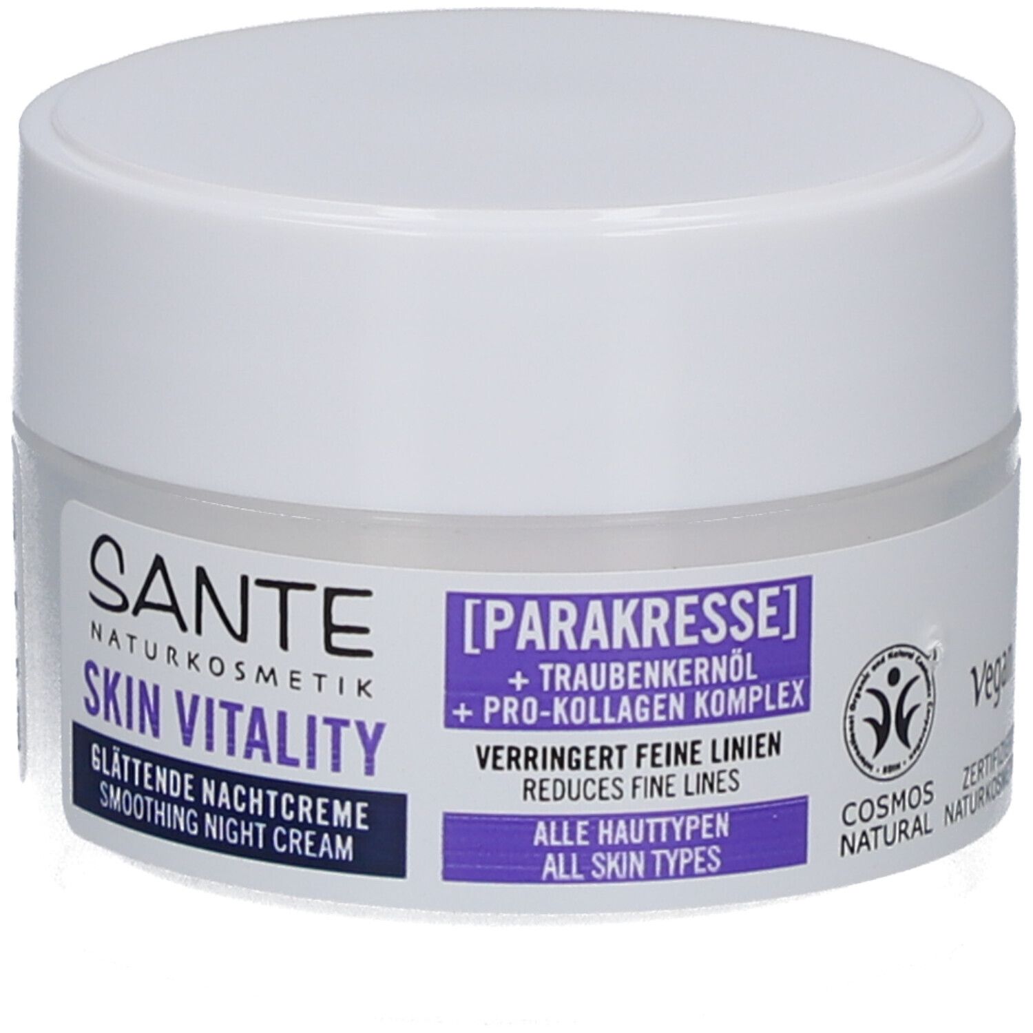 Pot de crème blanc. Étiquette avec nom du produit, ingrédients et certification cosmétique.
