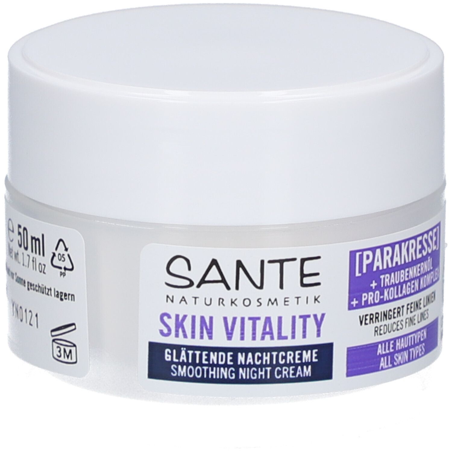 Pot de crème blanc. Étiquette avec nom du produit et ingrédients. 50 ml.