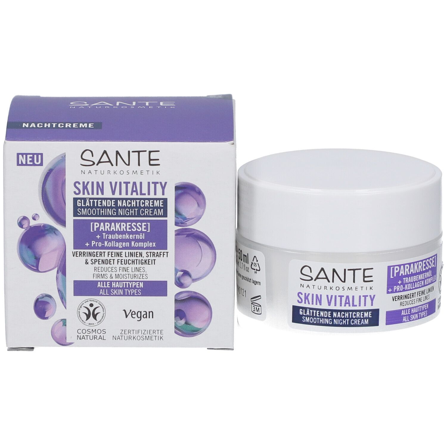 Pot de crème et emballage. Nom du produit, ingrédients et certification Vegan. 50 ml.