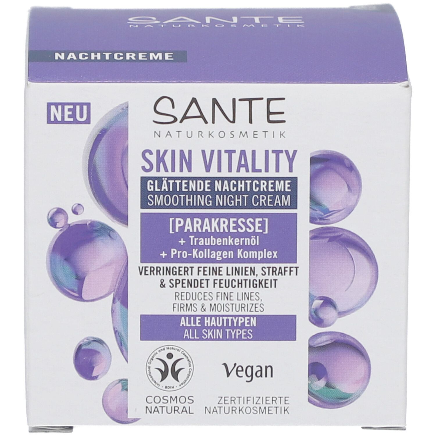 Emballage du produit. Nom du produit, ingrédients et certification Vegan. Crème de nuit.