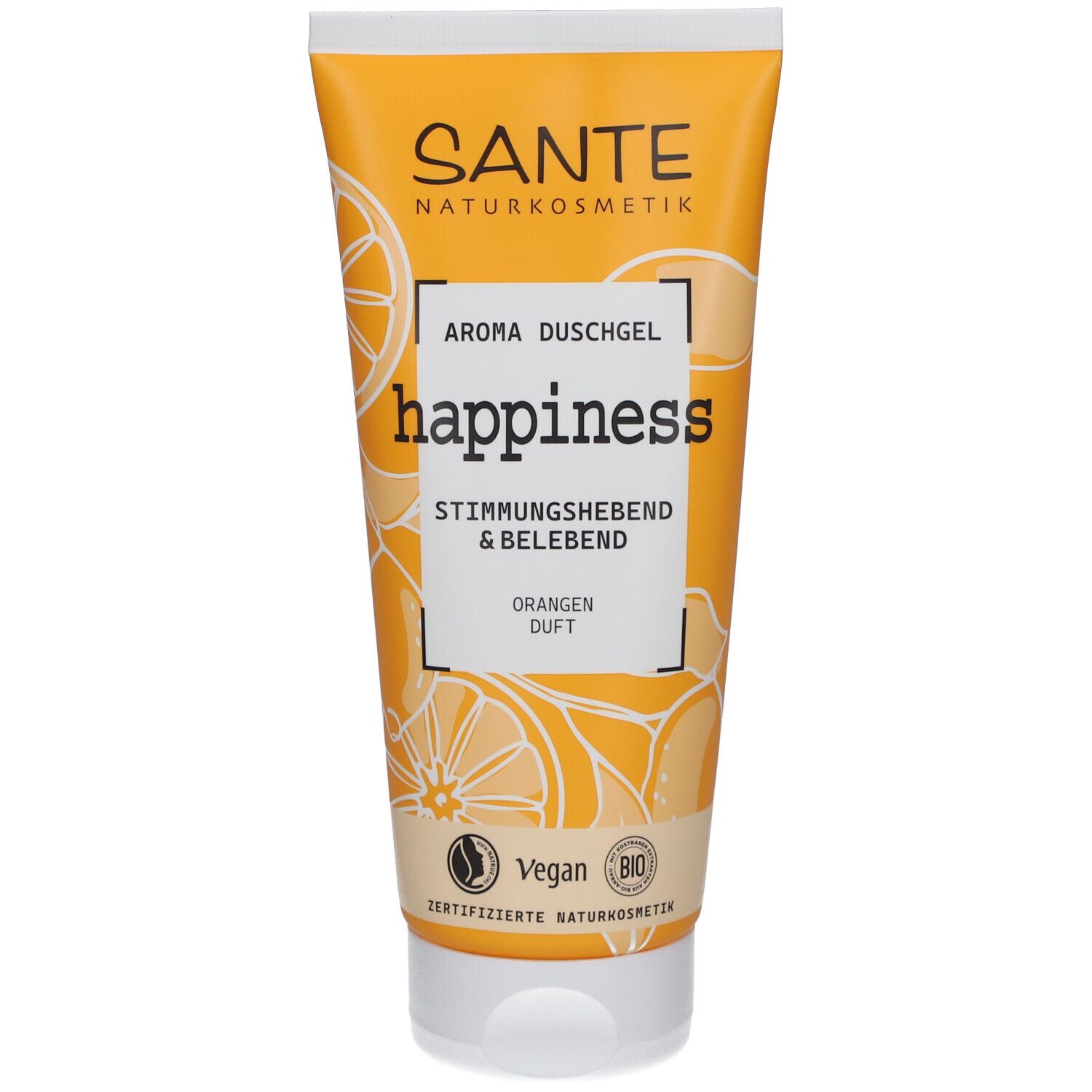 Tube orange de gel douche SANTE Happiness. Logo vegan et label bio. Inscription "Orangen Duft".