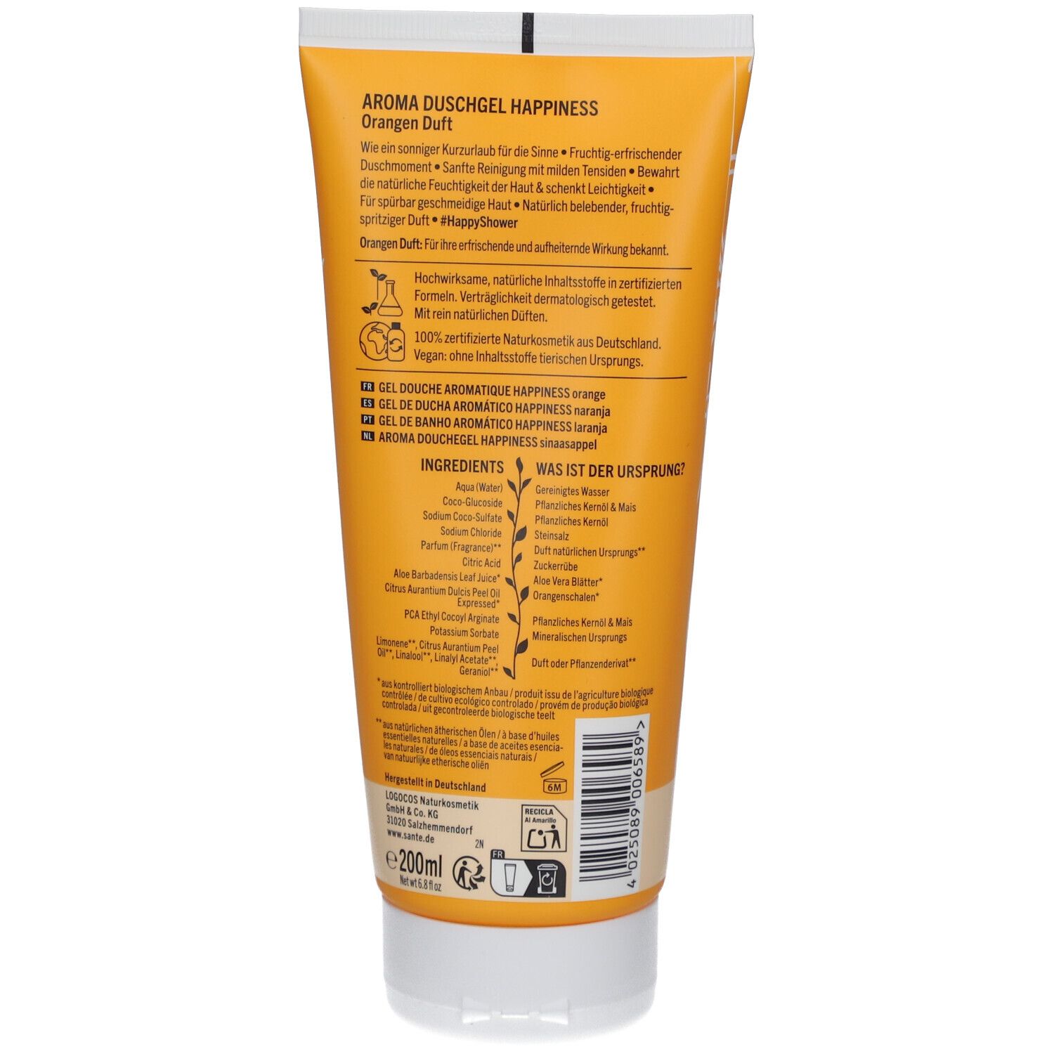 Dos du tube de gel douche SANTE Happiness. Texte en allemand, français, italien et néerlandais. Liste des ingrédients.