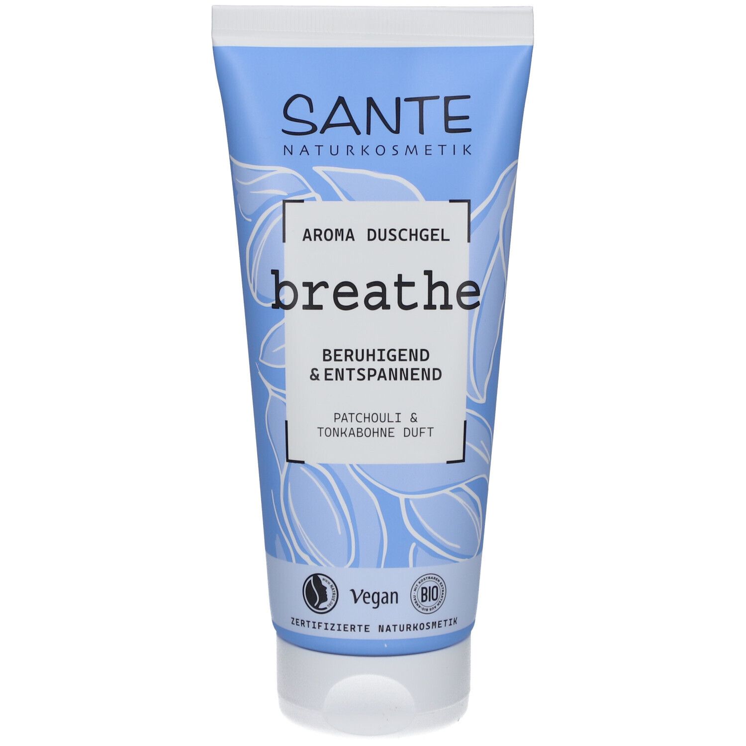 Tube bleu et blanc "SANTE" avec "Aroma Duschgel breathe". Parfum Patchouli & Tonkabohne. Label Vegan.