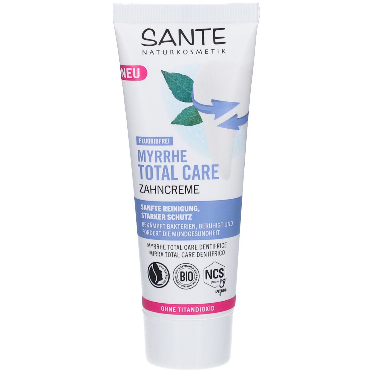 Tube de dentifrice SANTE Myrrhe Total Care. Blanc, texte, feuilles vertes, flèches bleues. "NEU" et "Fluoridfrei".