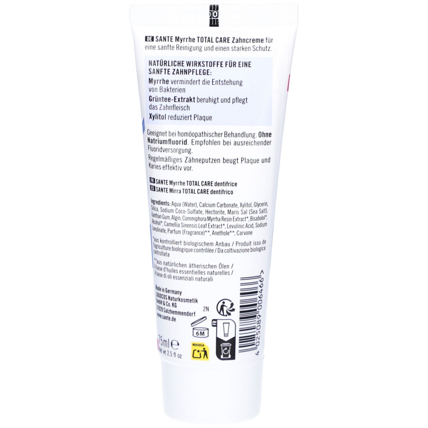 Dos du tube de dentifrice SANTE Myrrhe Total Care. Texte, ingrédients, certifications, code-barres. Fond blanc.