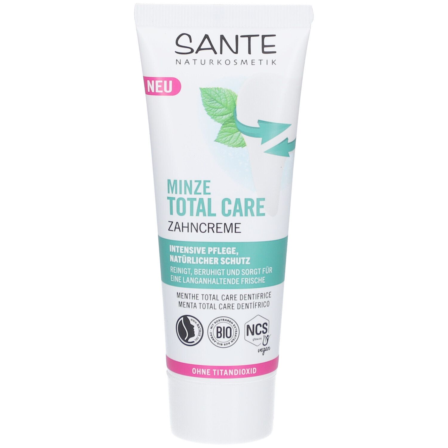 Tube de dentifrice SANTE Minze Total Care. Emballage vert et blanc avec nom et logo du produit. Label "BIO".