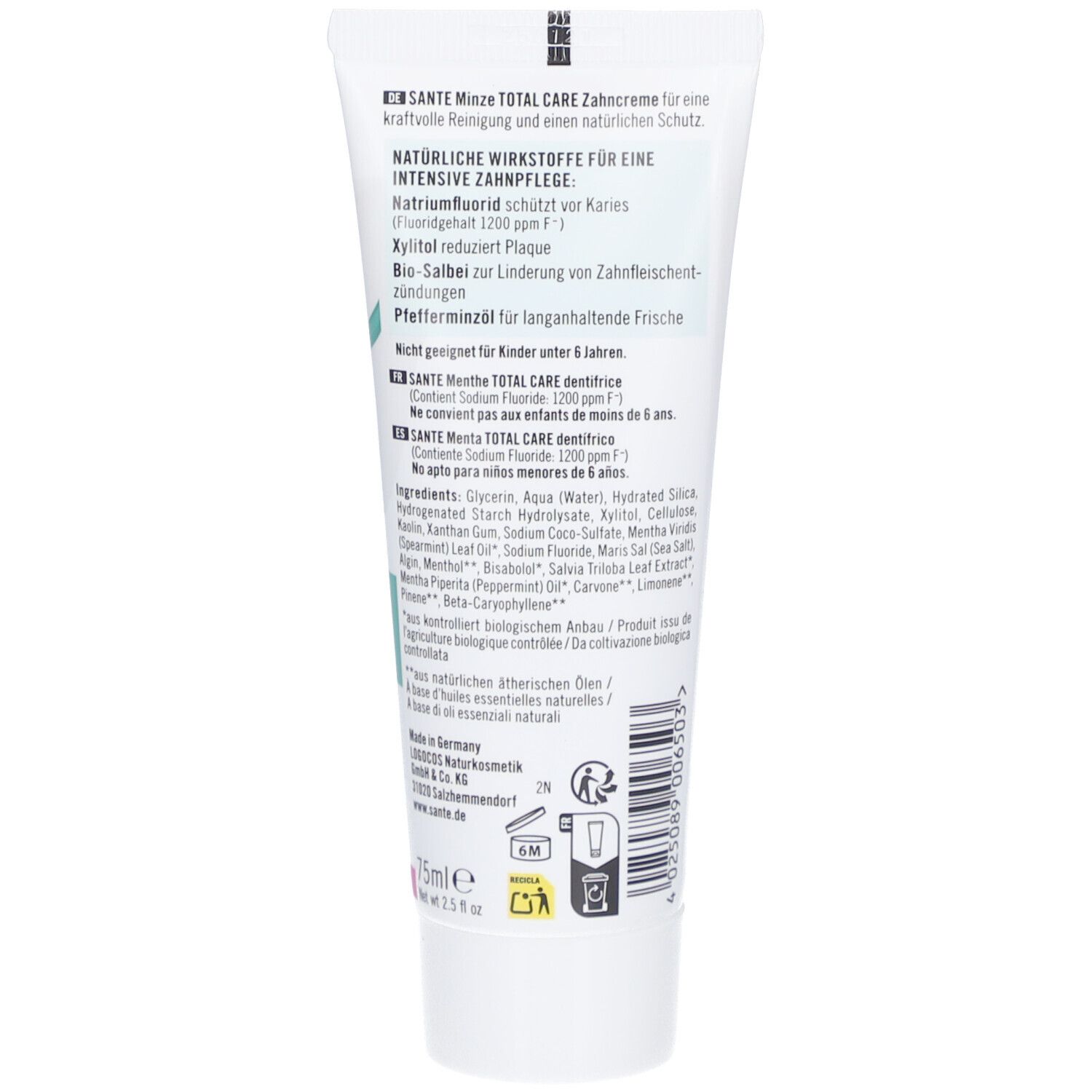 Dos du tube de dentifrice SANTE Minze Total Care. Informations textuelles, ingrédients et logos.