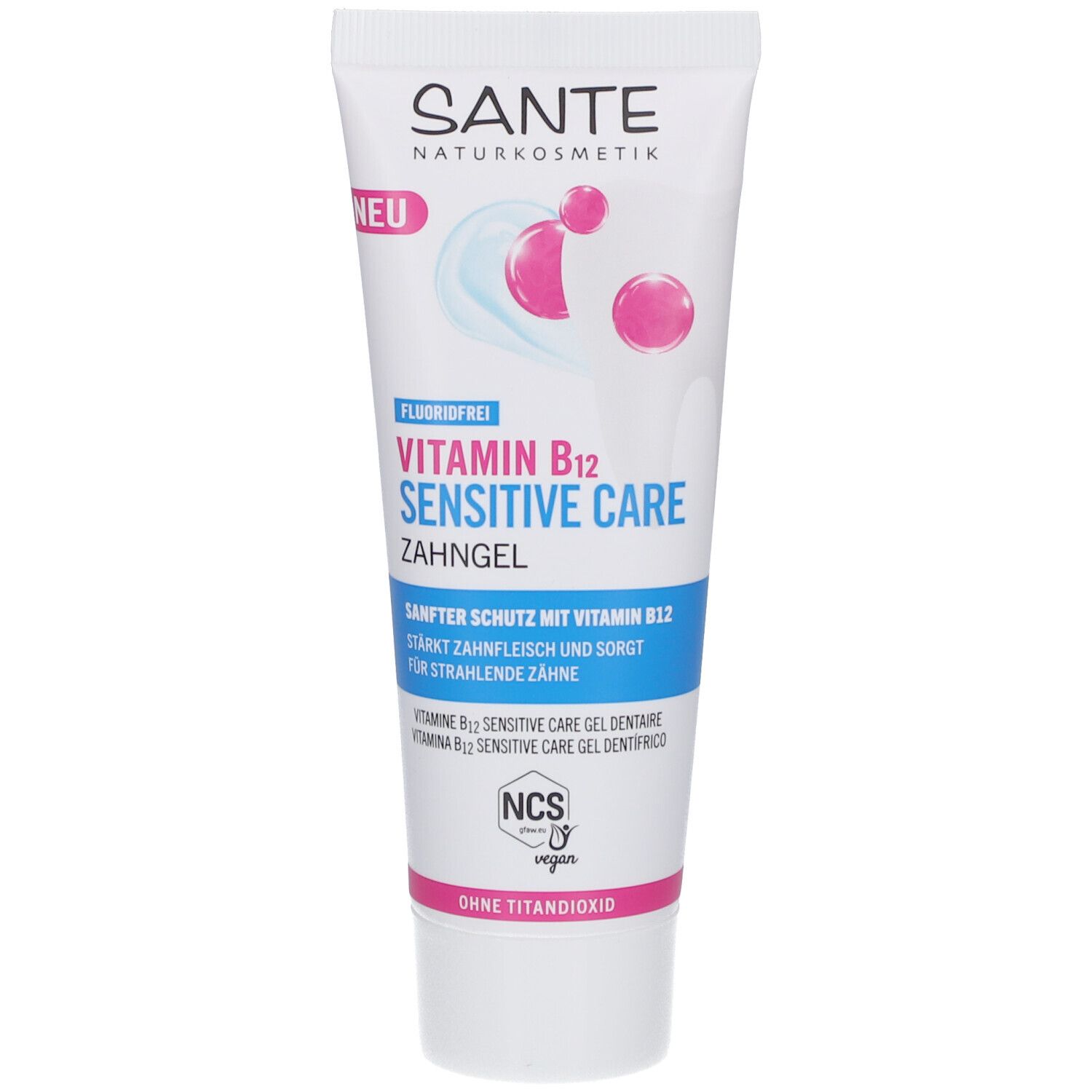 Tube de gel dentaire SANTE Vitamin B12 Sensitive Care. Blanc, avec texte et illustrations. Étiquette "NEU".