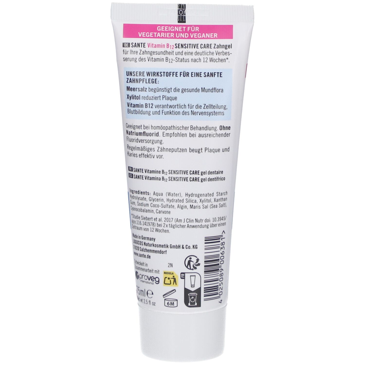 Dos du tube de gel dentaire SANTE Vitamin B12 Sensitive Care. Texte multilingue, ingrédients, logos.