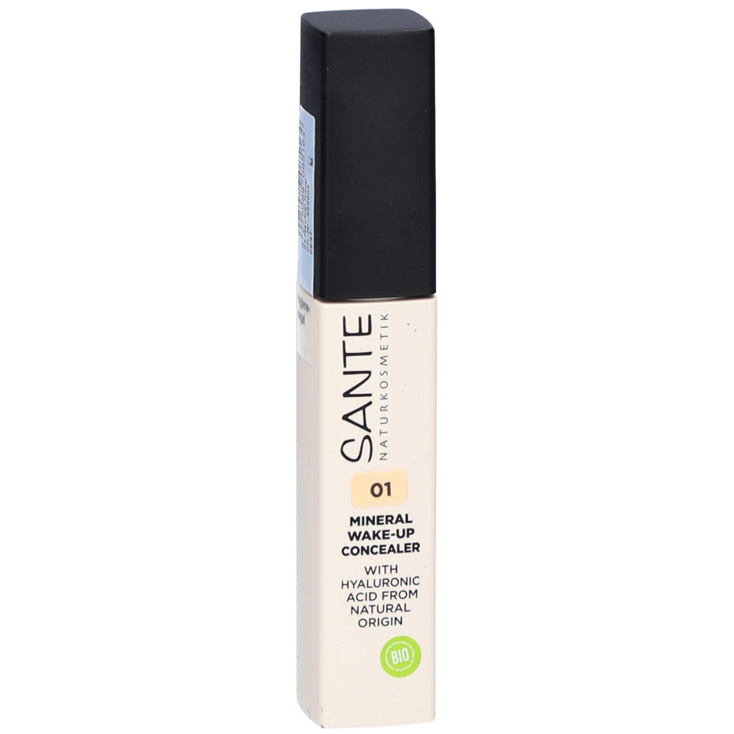 Tube de correcteur, face avant. Inscription: SANTE Naturkosmetik, Mineral Wake-Up Concealer 01, acide hyaluronique. Label bio.