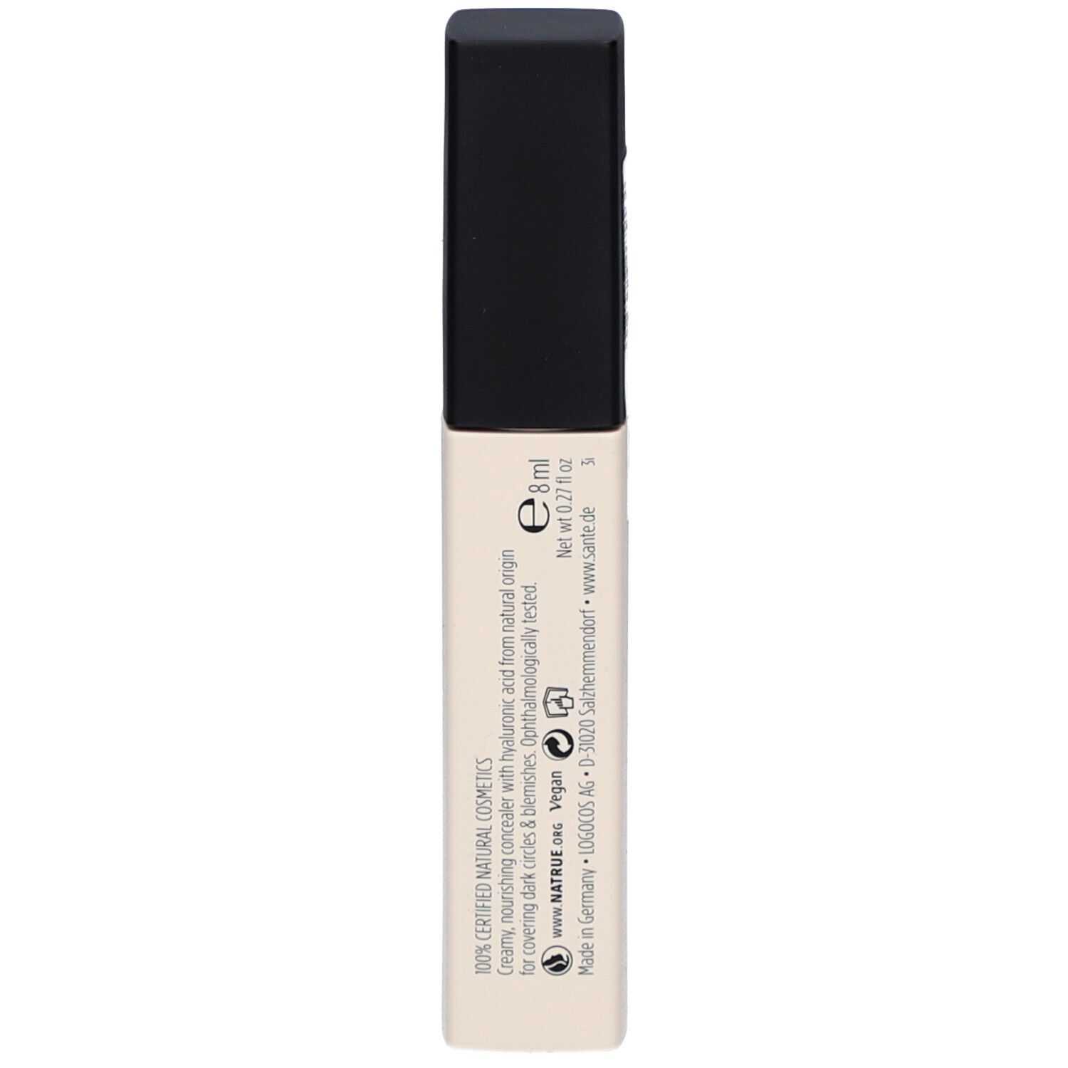 Dos du tube de correcteur. Texte: 100% Certified Natural Cosmetics, acide hyaluronique, vegan, 8 ml.