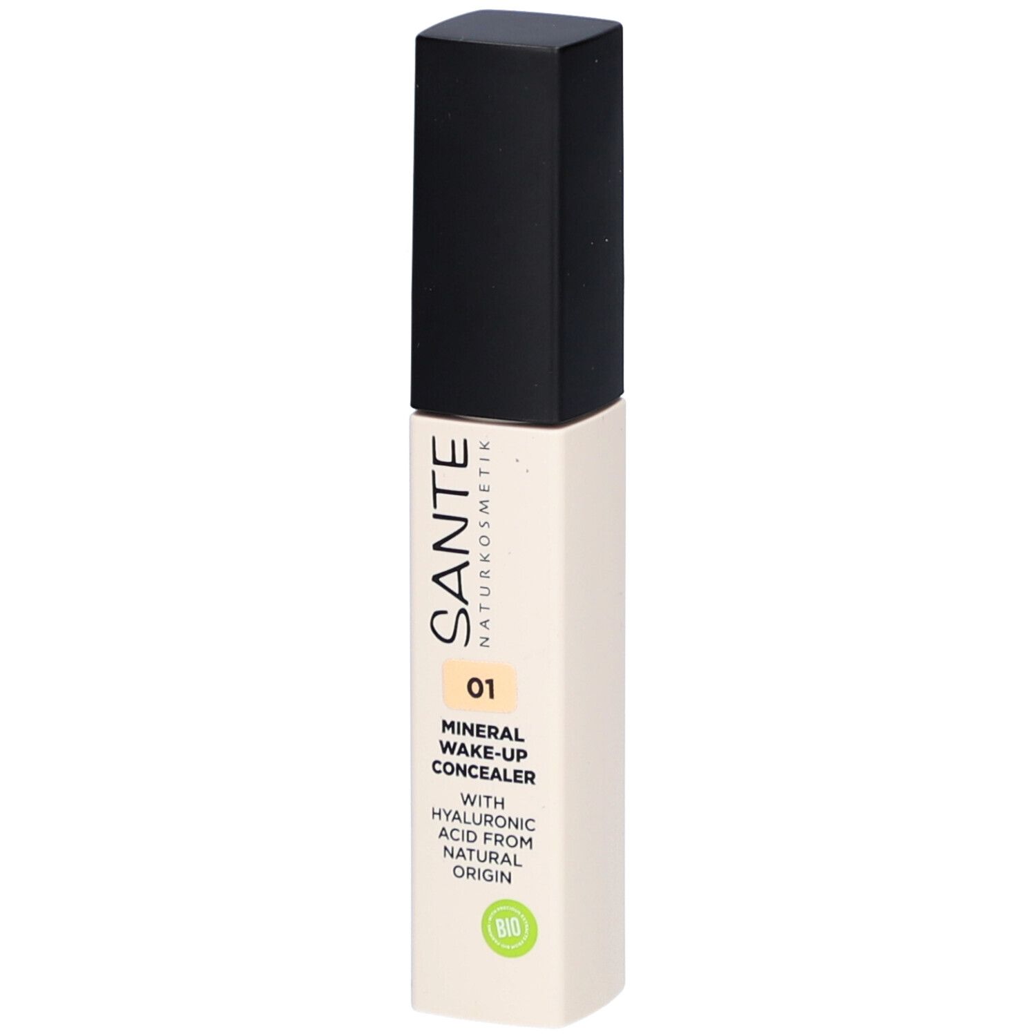 Tube de correcteur, face avant. Inscription: SANTE Naturkosmetik, Mineral Wake-Up Concealer 01, acide hyaluronique. Label bio.
