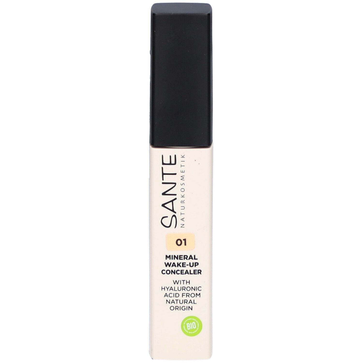 Tube de correcteur beige à bouchon noir. Inscription: SANTE Naturkosmetik, Mineral Wake-Up Concealer 01, acide hyaluronique. Label bio.