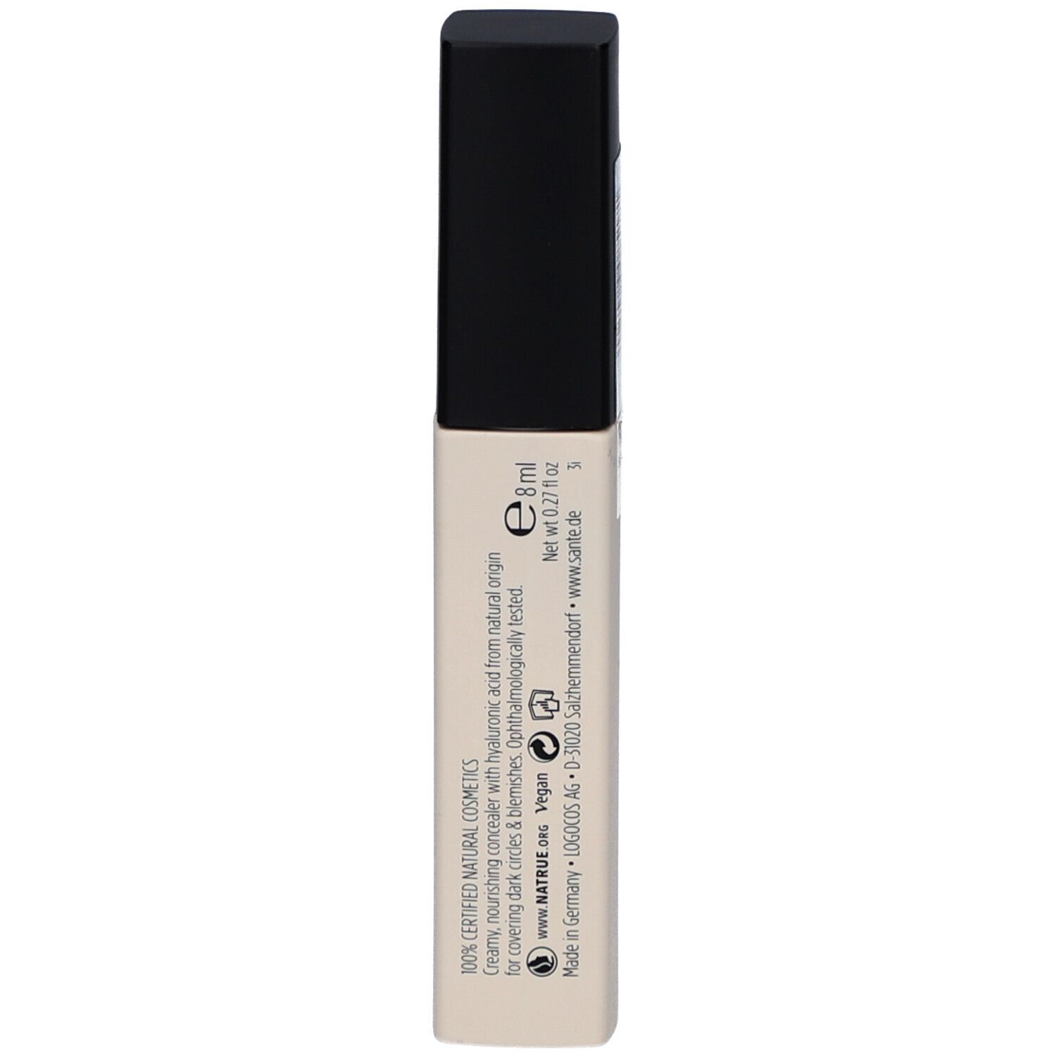 Dos du tube de correcteur. Informations sur les ingrédients, l'origine et la certification. Label vegan.