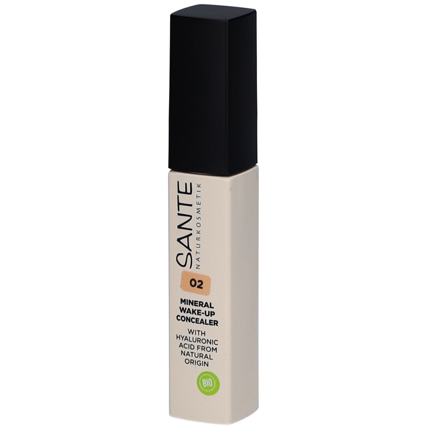 Tube de correcteur avec bouchon noir. Inscription: SANTE, 02, Mineral Wake-up Concealer, acide hyaluronique. Label bio.