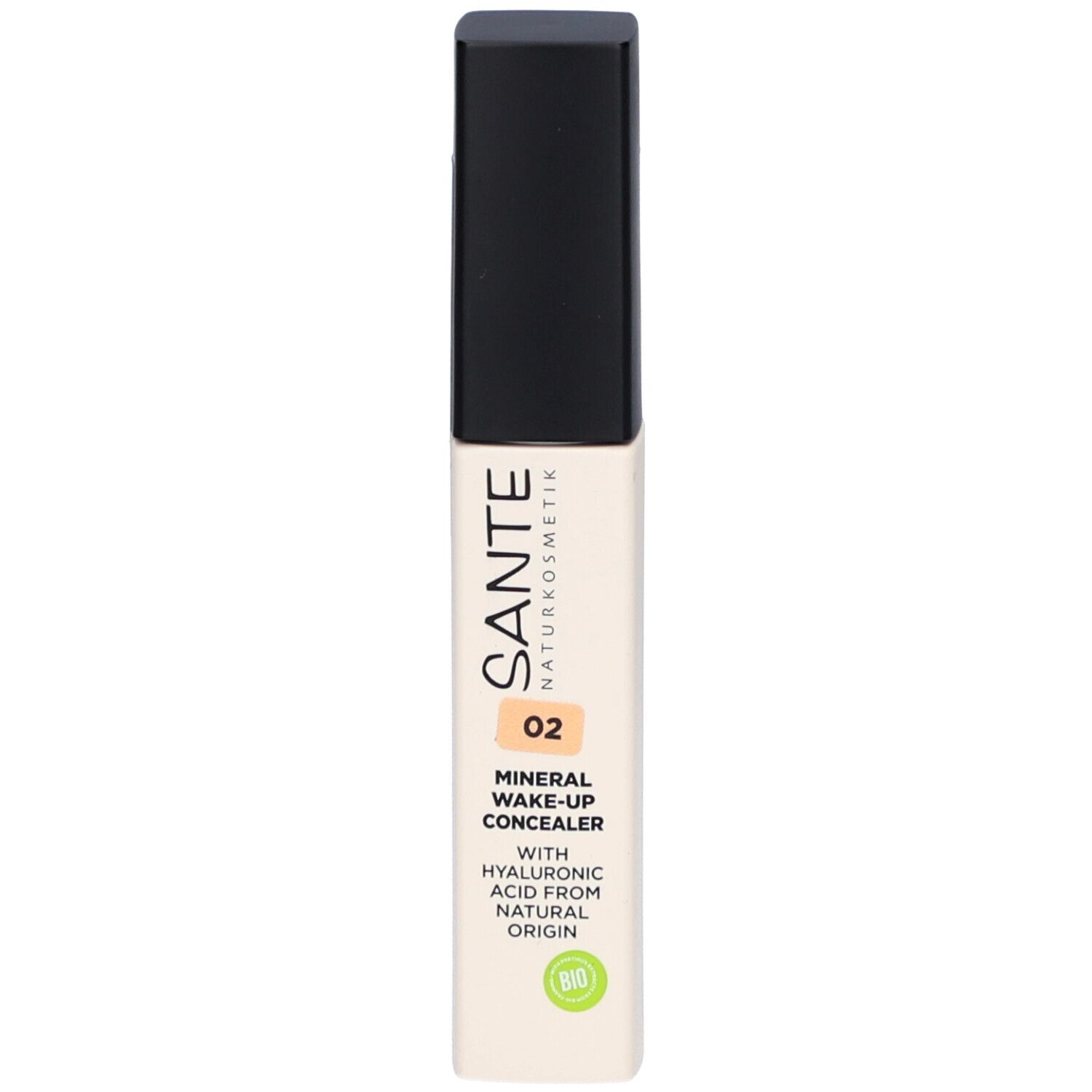Tube de correcteur avec bouchon noir. Inscription: SANTE, 02, Mineral Wake-up Concealer, acide hyaluronique. Label bio.