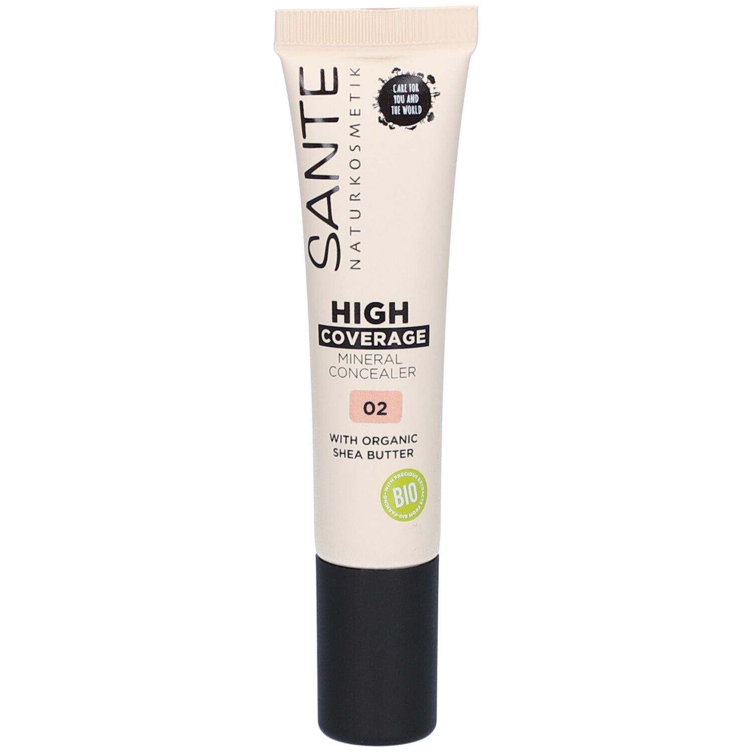 Tube de correcteur, teinte claire, texte HIGH COVERAGE MINERAL CONCEALER 02, label bio.