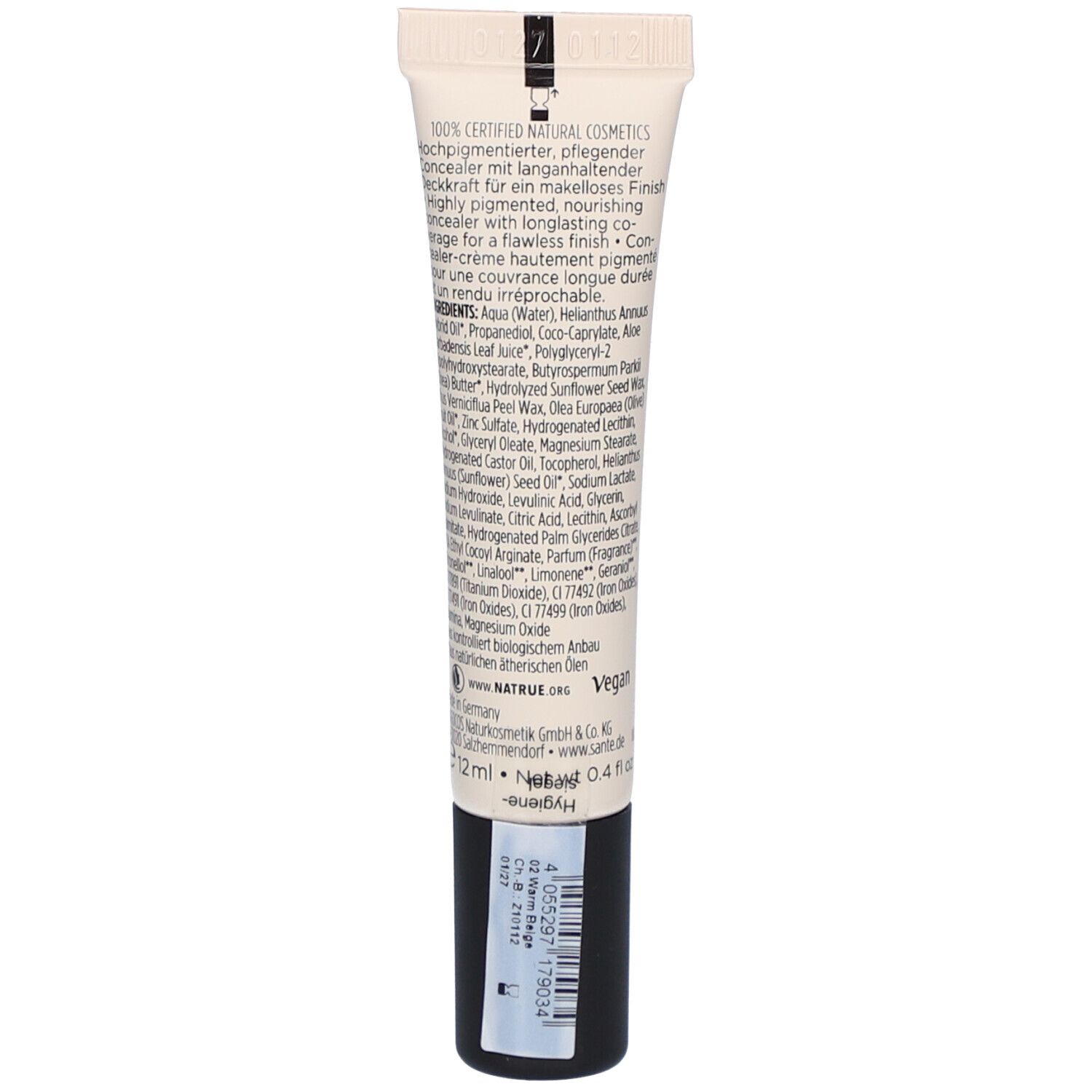 Dos du tube de correcteur. Texte avec ingrédients et informations fabricant. Bouchon noir.