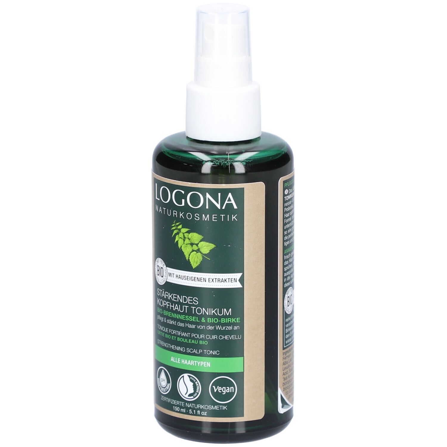 Flacon vert avec vaporisateur blanc. Étiquette avec logo et informations produit. Label vegan.