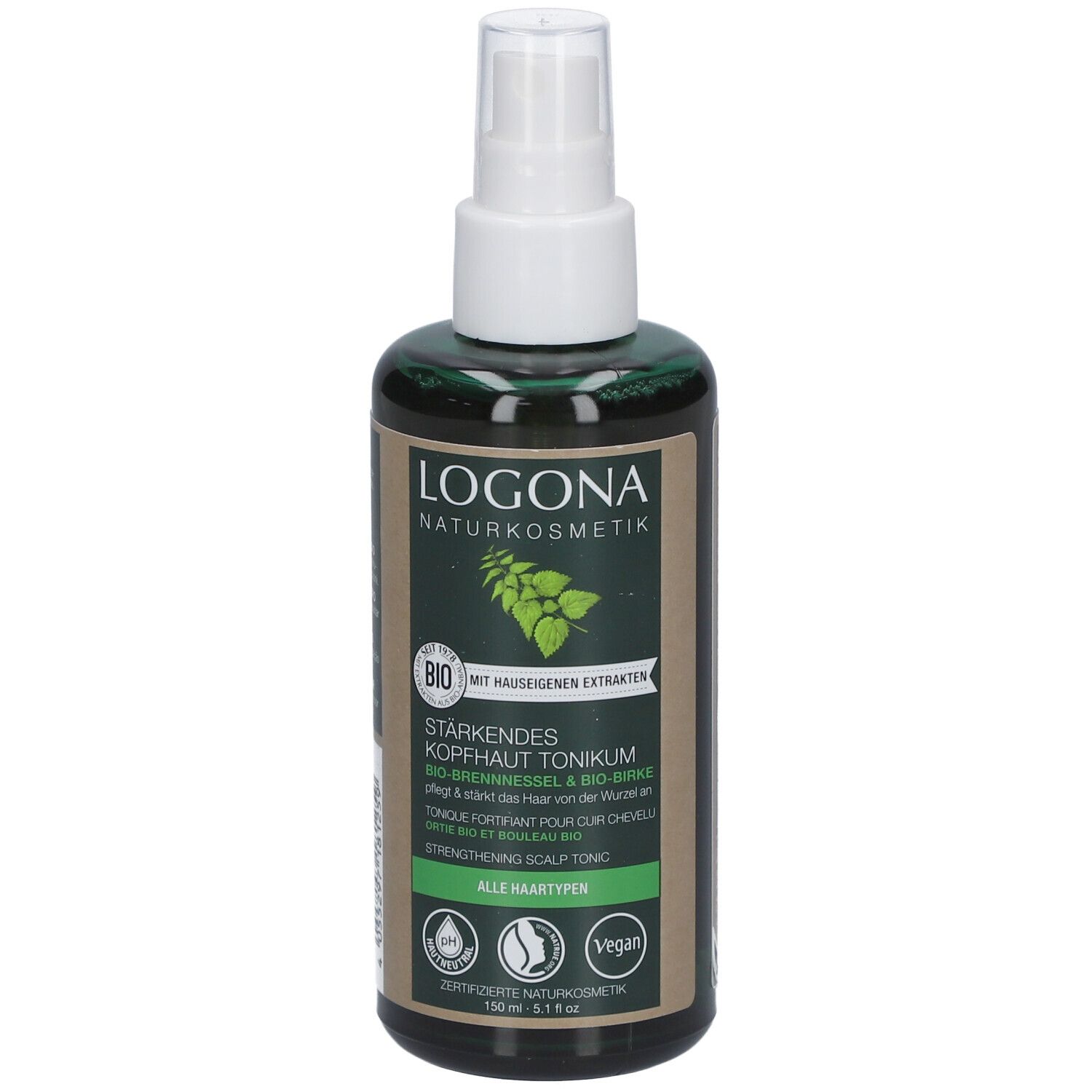 Flacon vert avec vaporisateur blanc. Étiquette avec logo et informations produit. Label vegan.