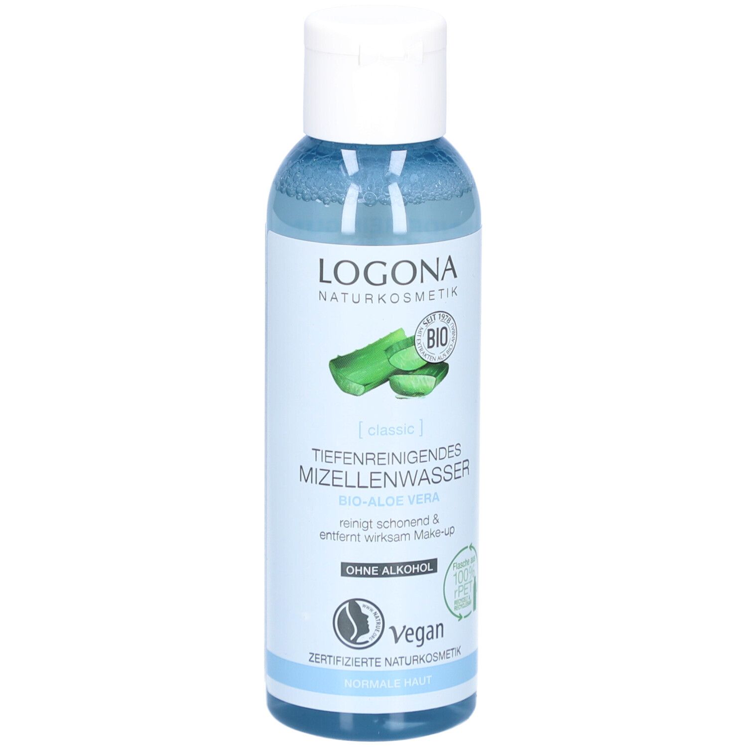 Flacon de liquide avec bouchon blanc. Inscription : Logona Naturkosmetik, eau micellaire Bio-Aloe Vera, Vegan.