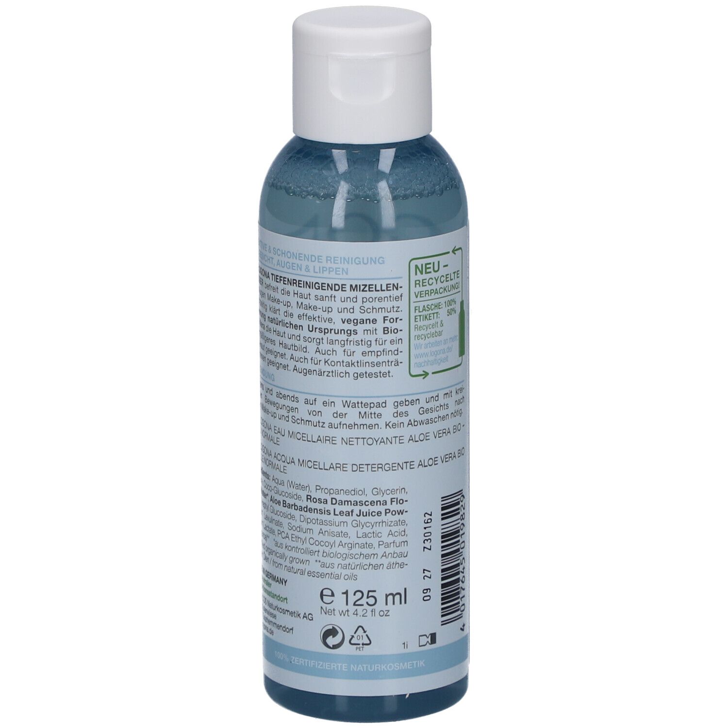 Dos du flacon avec texte. Contient des informations sur l'utilisation et les ingrédients. Taille : 125 ml.