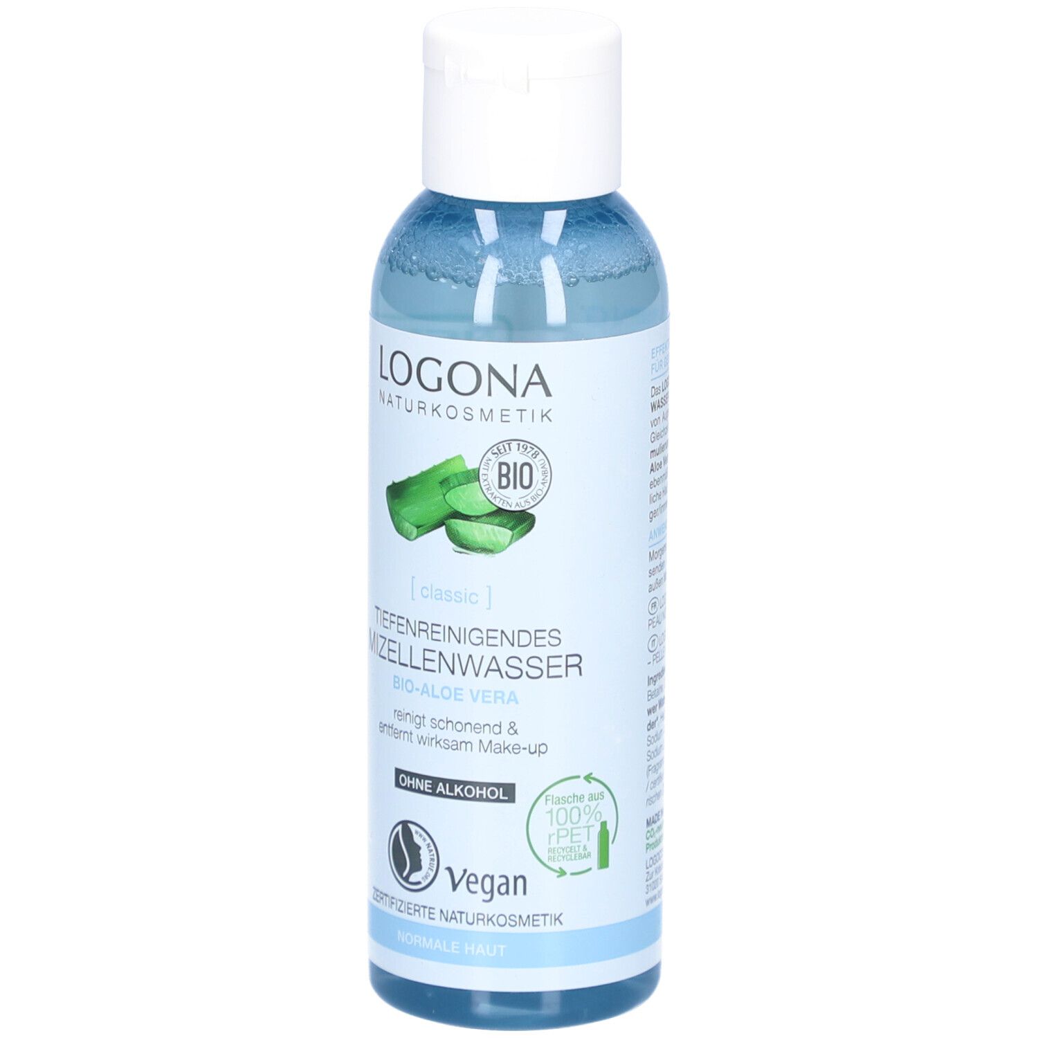 Flacon de liquide avec bouchon blanc. Inscription : Logona Naturkosmetik, eau micellaire Bio-Aloe Vera, Vegan.