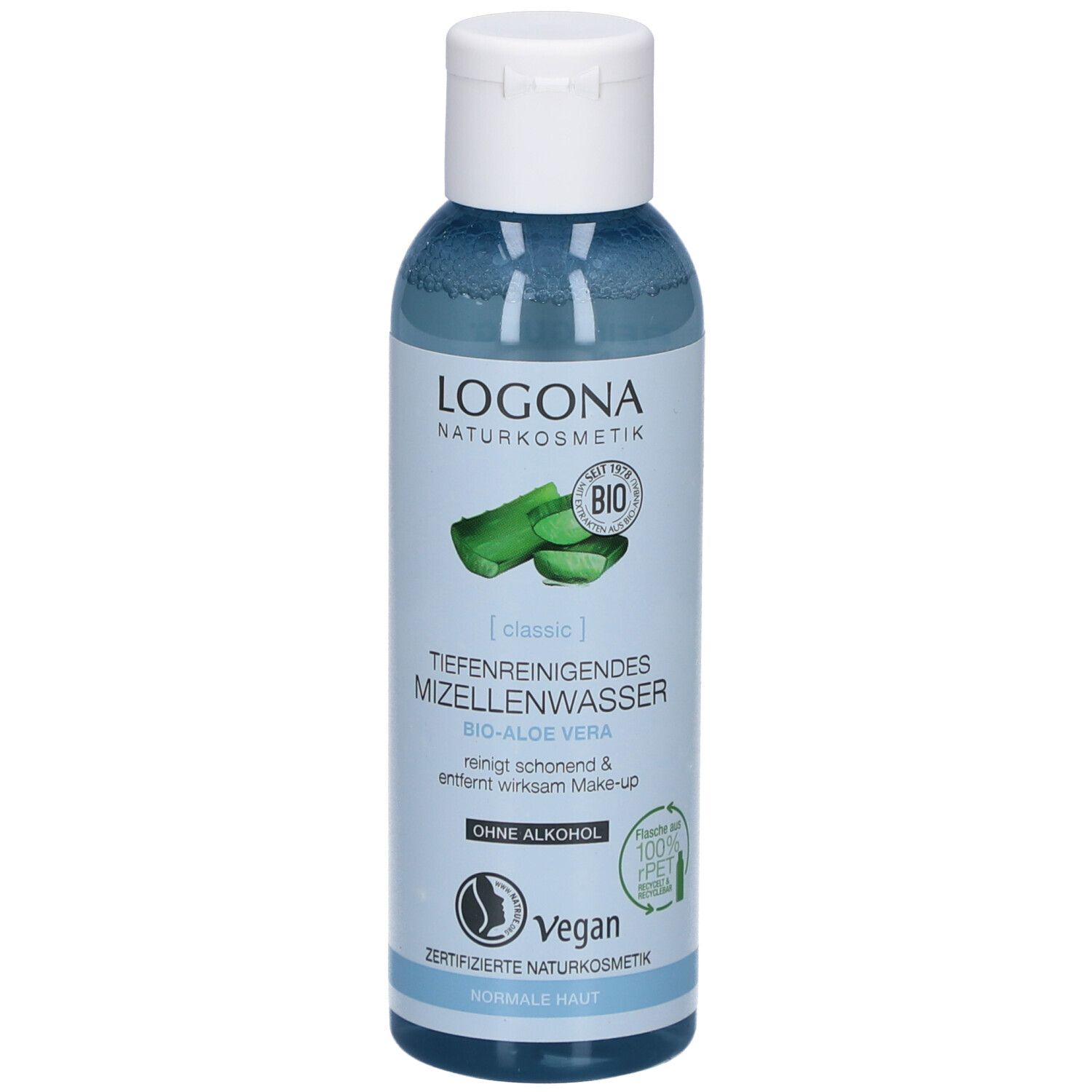 Flacon de liquide avec bouchon blanc. Inscription : Logona Naturkosmetik, eau micellaire Bio-Aloe Vera, Vegan.