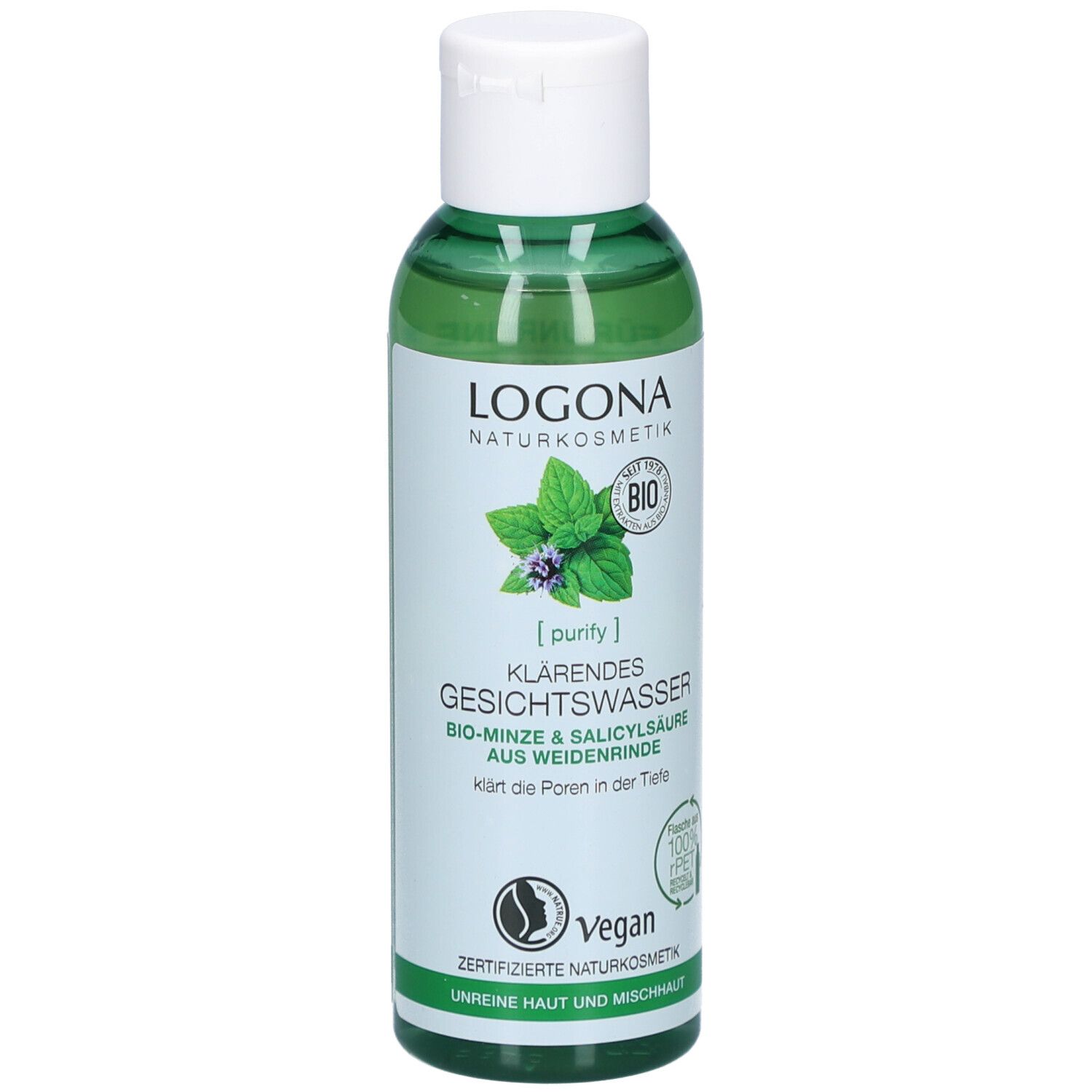 Flacon vert avec bouchon blanc. Logo et nom du produit: Lotion tonique clarifiante. Menthe bio & acide salicylique.