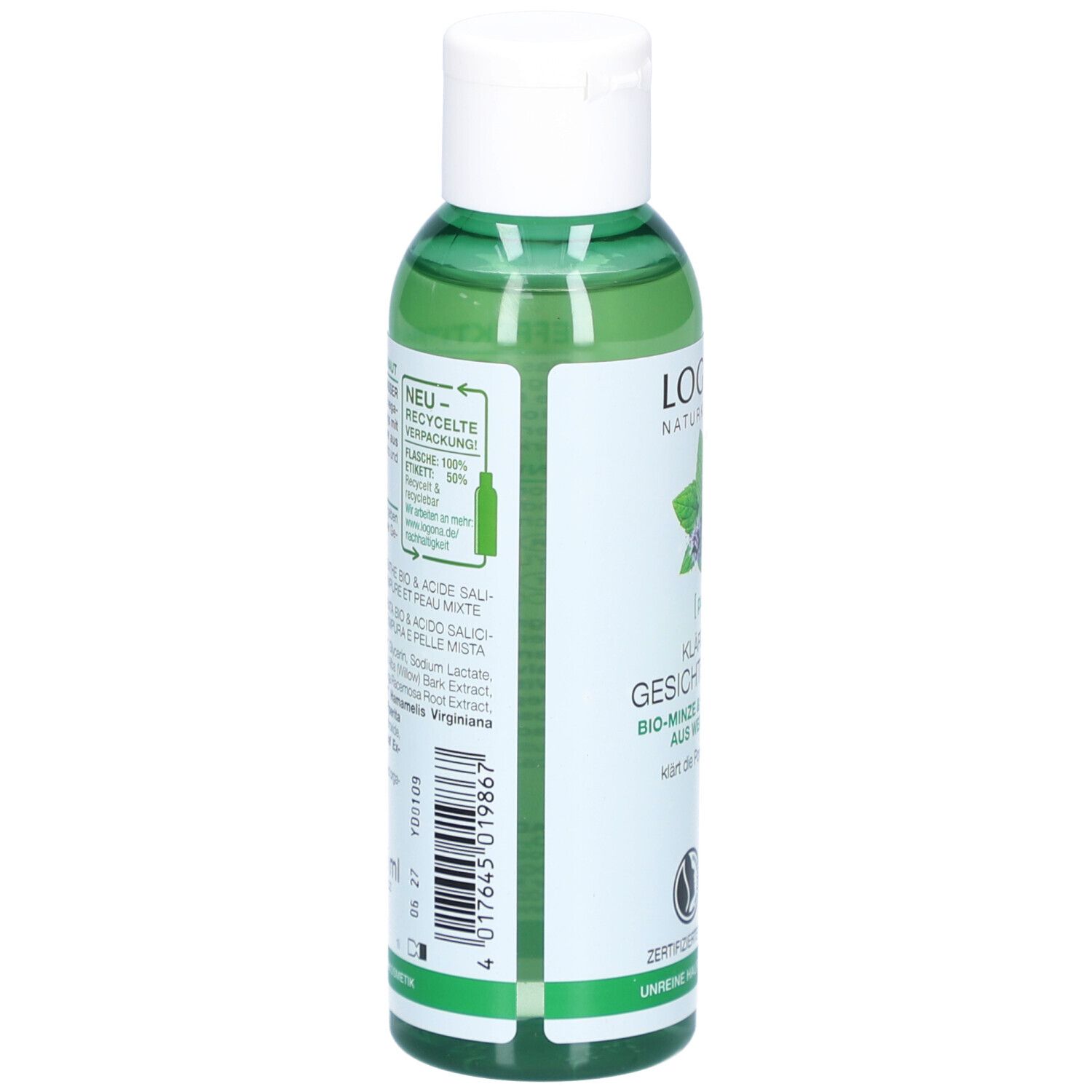 Dos du flacon vert. Texte: ingrédients, informations de recyclage. Nom du produit et logo visibles.