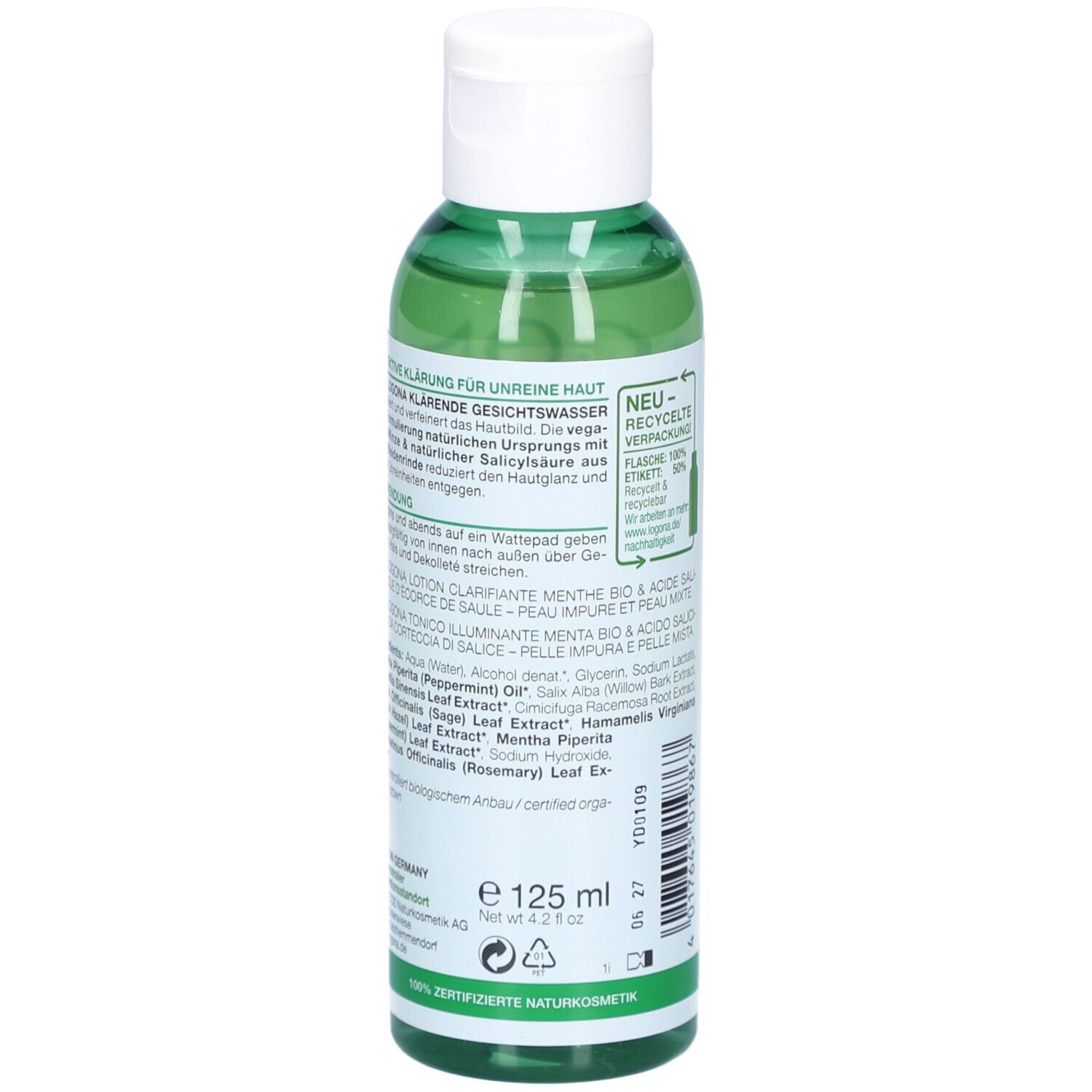 Dos du flacon vert. Texte: ingrédients, utilisation, informations produit. Taille: 125 ml.