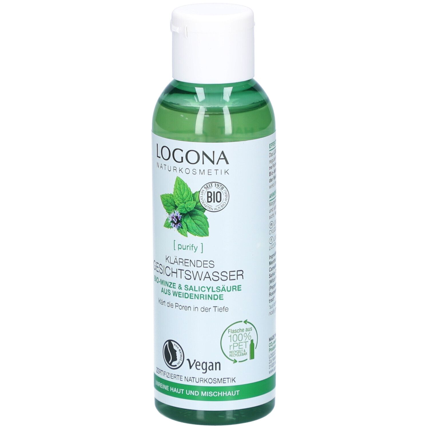 Flacon vert avec bouchon blanc. Logo et nom du produit: Lotion tonique clarifiante. Menthe bio & acide salicylique.