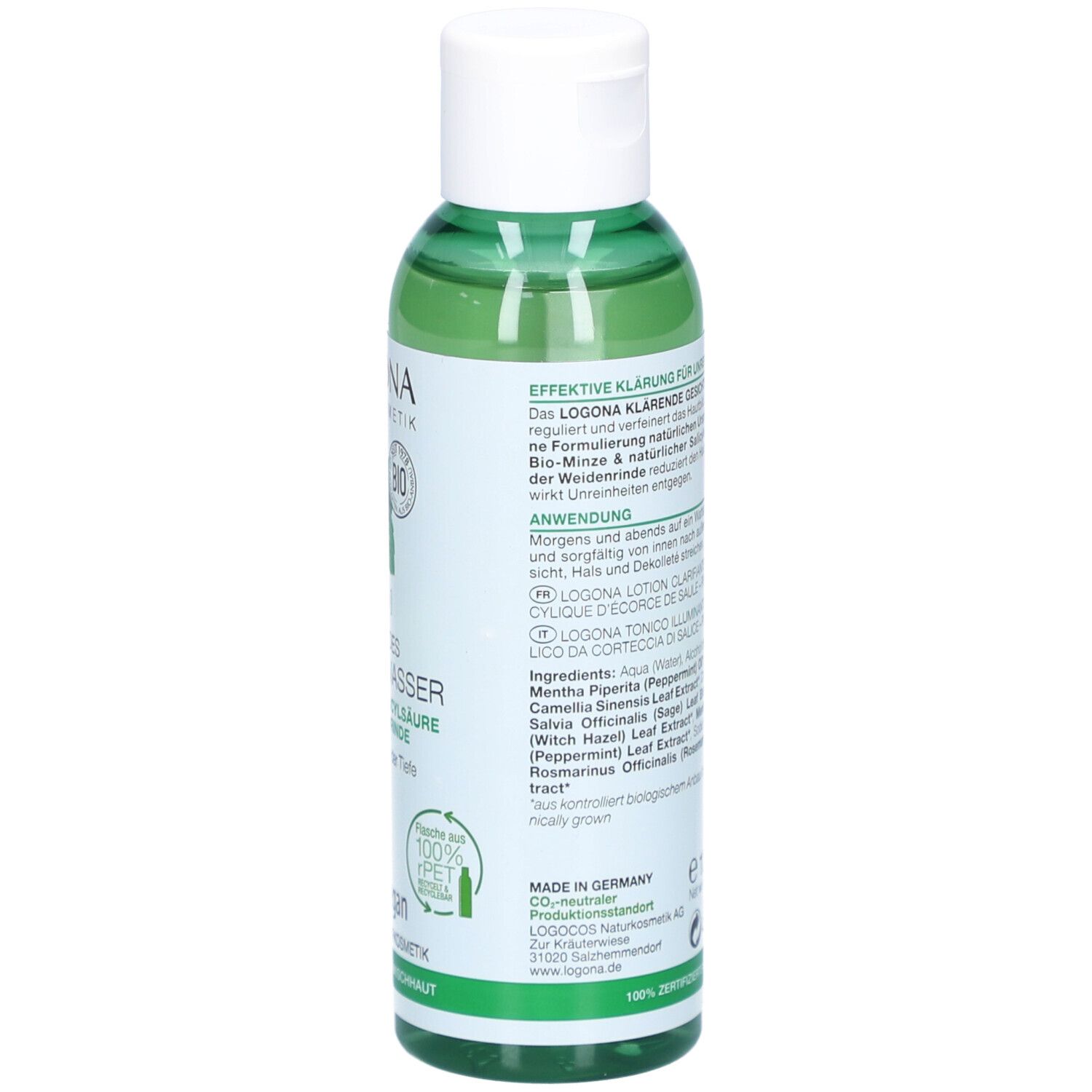 Dos du flacon vert. Texte: utilisation, ingrédients, informations produit. Logo et nom du produit visibles.
