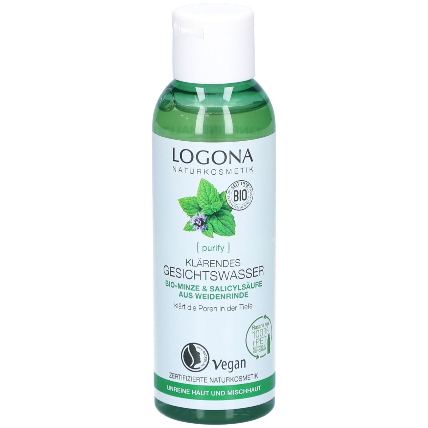 Flacon vert avec bouchon blanc. Logo et nom du produit: Lotion tonique clarifiante. Menthe bio & acide salicylique.