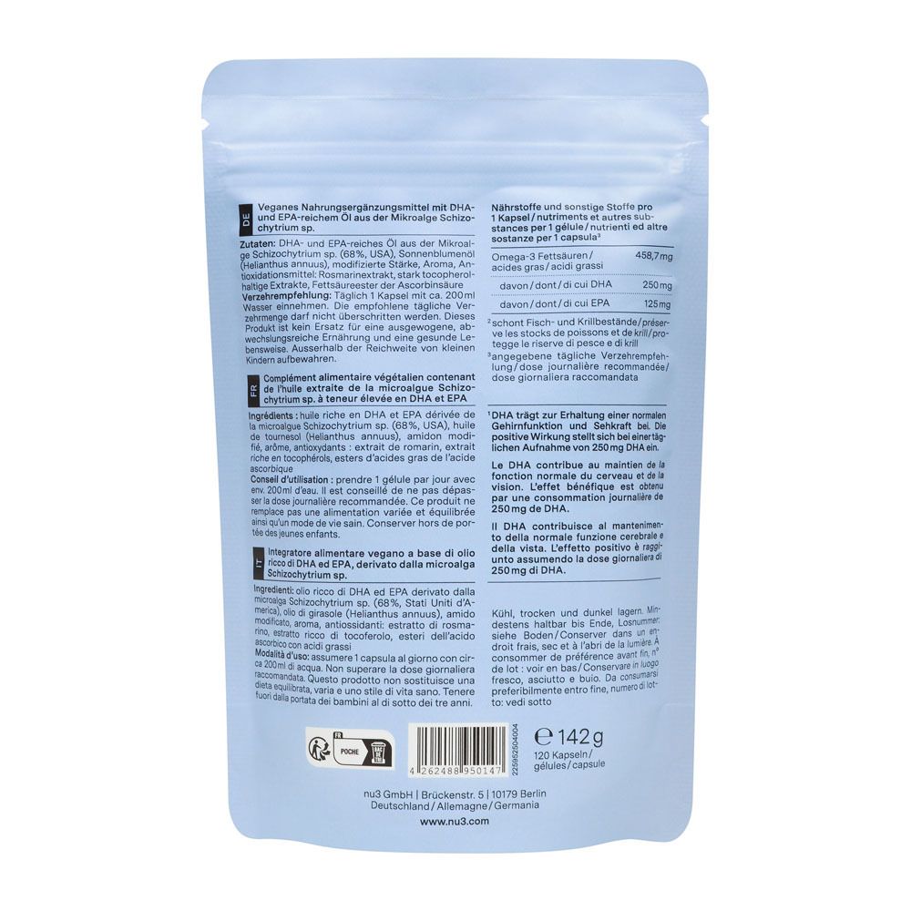 Dos du paquet. Texte en allemand, ingrédients, informations nutritionnelles, recommandations d'utilisation. 142g, 120 gélules.