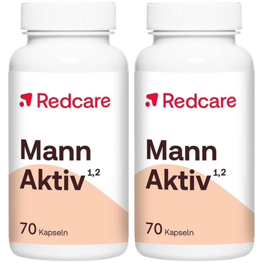 Deux flacons blancs avec logo rouge et texte "Redcare Mann Aktiv". Inscription "70 Kapseln".